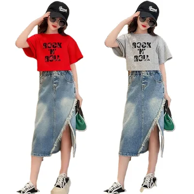 Girls Summer Dress 2026 New Plus-Size Children Wear Korean Style Short-Sleeve Cotton Denim Skirt Set Kids Softening Treatment