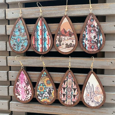 Bohemian Leopard Leather Earrings Water Drop Leather Wood Earrings