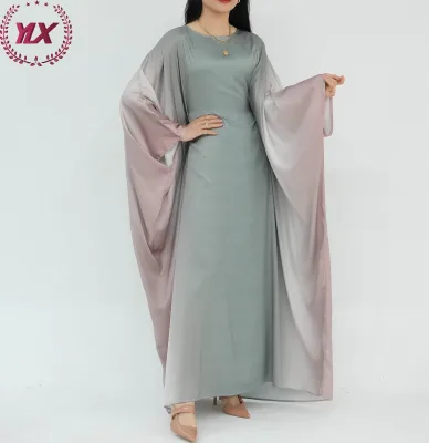 Elegant Fashionable Muslim Ethnic Gradient-Sleeved Robe Handmade Anti-Wrinkle Ankle-Length Loose-Fit Polyester Dress Soft Fabric