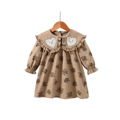 Girls Autumn/Winter Floral Cotton A-line Dress New Arrival Babys Korean-Style Lace Princess Heart-Shaped Peter Pan Collar