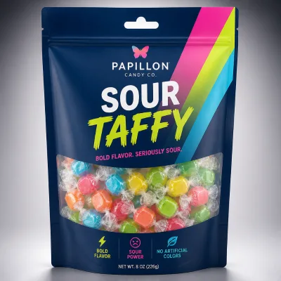 Luxury Custom Printed Matte Sour Taffy Candy Stand up Pouch with Window Ziplock Sombrero Hang Hole Confectionery Bag SUP