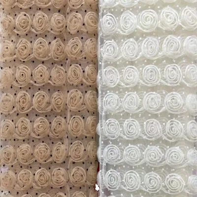 Rose Flower Fabric Rose Plush Embroidery Fabric White Rose Lace Puffy Ruffle Fabric for Princess Skirt Dress