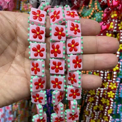 Double Sided Hand Drawing square Glass Beads with Colorful Floral Designs for DIY Fashion Jewelry Beaded Chain