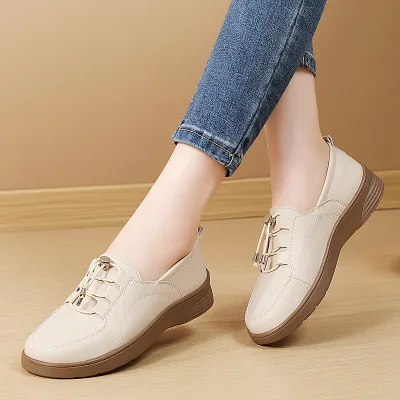 Elastic Lace up Small Leather Shoes Large Size Anti Slip Mom Shoes Comfort Daily Casual Women Shoes Lightweight Commuting Outfit