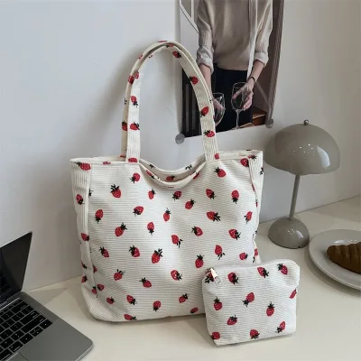 2026 Women's Casual Strawberry Printed Corduroy Open Tote Bag with Polyester Lining