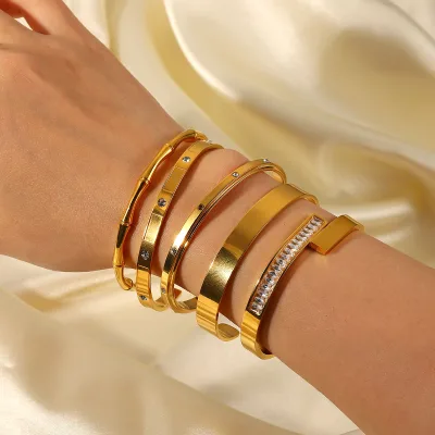 Stainless Steel 18K Gold Plated Open Cuff Bracelet with Zirconia Vintage Trendy Jewelry for Women