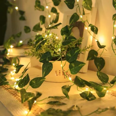 Warm White LED Green Pothos Leaves Copper Wire Light String Battery-powered Indoor Christmas Dining Tables Garden Decoration