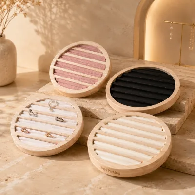 Round Wooden Jewelry Display Tray with Soft Velvet Slots for Ring and Earring Retail Presentation