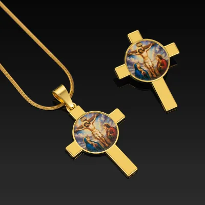 Cross Necklace Pendant Brooch Set UV Printed Jesus Pattern Polished Electroplated Religious Christian Lapel Pin Jewelry