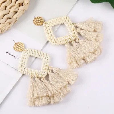 Summer Long Drop Rattan Earrings Retro Gold Plated Enamel Rattan Braided Bamboo Basket Earrings