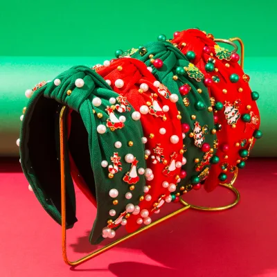 Christmas Simple Solid Colors with Pearl Christmas Tree Headband Elk Sled Alloy Accessories Headband