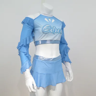Light Blue Cheer Uniform Girls Custom Ruffle Sleeve Crop Top Flared Skirt School Club Dance Cheer Competition Outfit