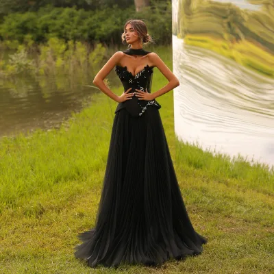 Ruolai WL132 Classic Sweetheart Neck Evening Dresses for Women Scarf with Beaded Pleating Rhinestones Tiered