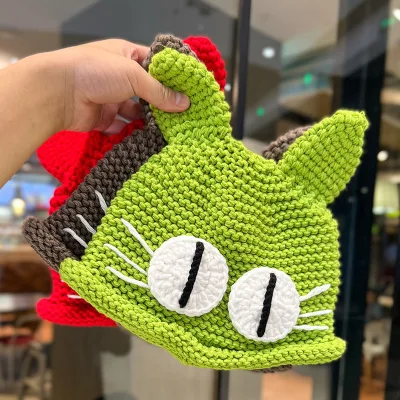 Crochet Autumn Winter Women's Knitted for Cat Ears Hat Cute Big Eyes Curled  Korean Style Thickened Warm Ear Protection Hat