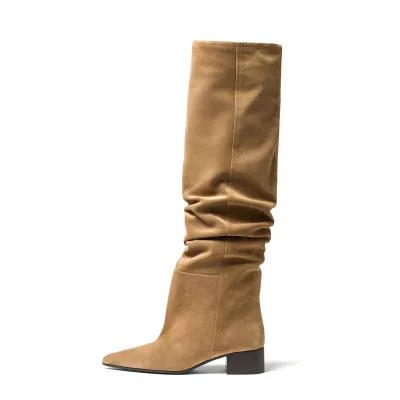 Temperament Winter Genuine Leather Over-the-Knee Boots Fur Trimmed Low-heeled Pointed Toe Anti-Slip Breathable 2025 New