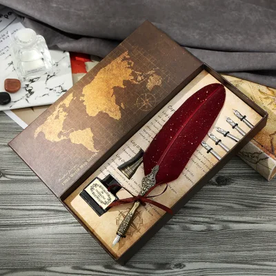 Portable Antique Feather Pen Steampunk Ornament Spare Nibs Ink Container Luxury Gift Box for Art Desktop Decoration