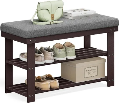 3 Tire Shoe Storage Bench Entryway Narrow Bamboo Shoe Storage Bench with Cushion for Entryway Narrow