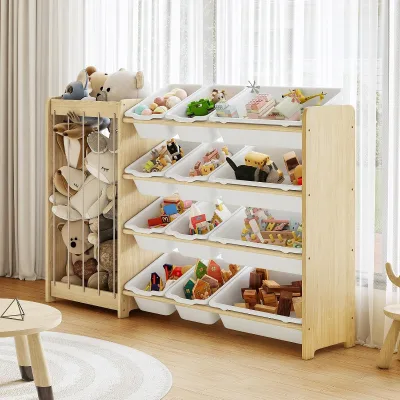 Wooden Toy Storage Box for Children, Equipped with 12 Storage Compartments, Wooden Toy Rack, Using Thicker Elastic Rope