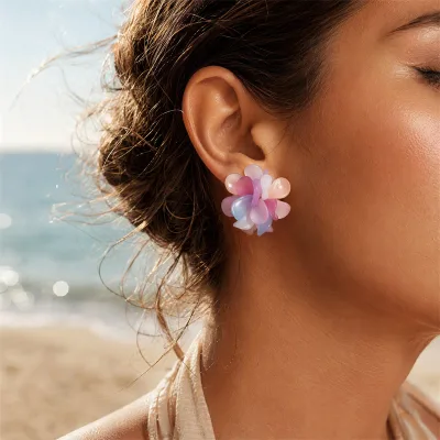 Sweet Temperament Colorful Flower Accessory Multi Layered Resin Petal Stud Earring for Women Romantic Jewelry Gift