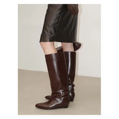 2026 Autumn New Fashionable Genuine Leather Knee-High Square Toe Slope Block Heel Knight Boots