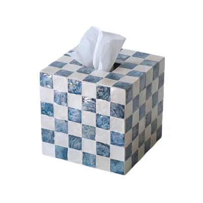 Square Mother Pearl Inlay Tissue Box Cover Paper Holder Decorative Checkered Cube Capiz Shells Made Vietnam Modern Luxury Home