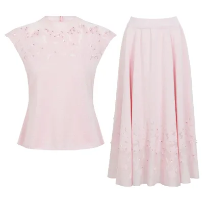 New Women Leisure Knitted Set diamond Flowers Crew Neck Cap Sleeve Slimming Top A-Line Midi Skirt Set Women's Knit Clothing