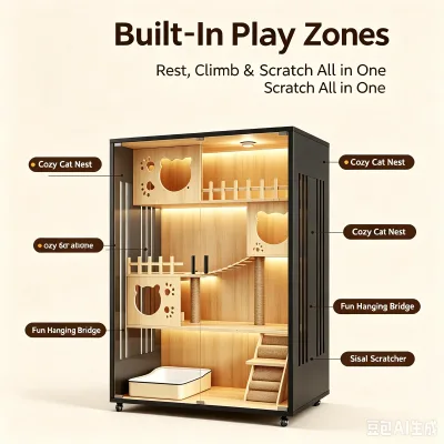 Mobile Wheeled Wooden Cat Villa Indoor Pet Cat House Multi Layer Activity Zones Ventilation Design for Multiple Cats Daily Use