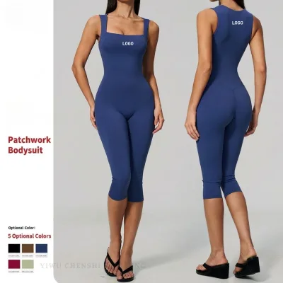 Women Square Neck Slim-Fit Tank Top Built-In Shorts Hip-Hugging One-Piece Fitness Activewear Seamless Yoga Bodysuit for Women