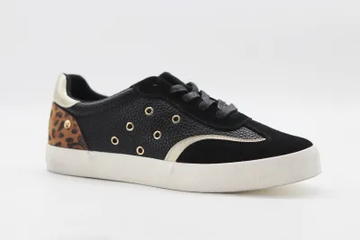 Distressed Sole Lace-up Sneakers with Glitter Accents & Suede/Leather Panels-Available in Black White & Leopard Print for Women