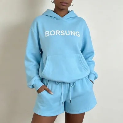 Custom High Quality Solid Casual Cotton Fleece Breathable Sports Wear Hoodie and Shorts Set with Heat-Transfer Printed Design