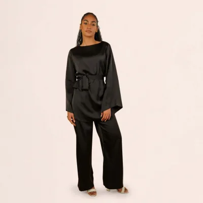 Aschulman Custom Elegant Muslim Satin Fabric Pants and Long Sleeve Tops New Fashion Muslim Clothes for Women