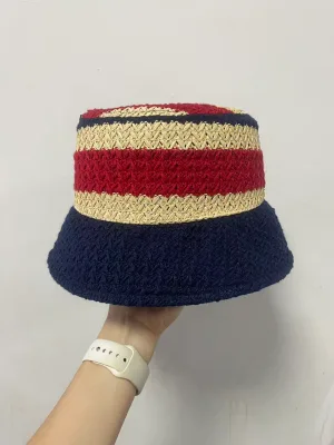 Premium Luxury Unisex Straw Fisherman Bucket Hat Beach Fishing Casual Handmade Multi Color Stripe Hand Crocheted Packable Sun