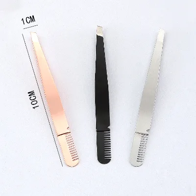New Custom logo Double End Black Silver Rose Gold Eyebrow Tweezers with Comb Eyebrow Clip