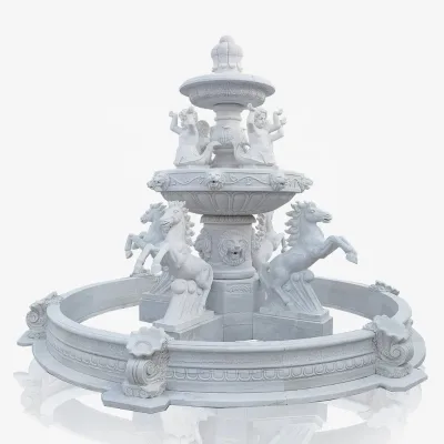 Custom Marble Water Fountain White Horse 3 Layer Fountain Hand Carved OEM Figure Statue Yard Fountain
