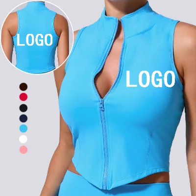 Logo Customizable Slim Fit Womens Quick Dry Yoga Top Stand NeckSleeveless Yoga Top Solid Zip up Sports Top