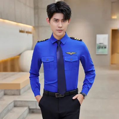Navy Long Sleeve Men's Uniform Shirt for KTV Nightclub Security Property Pilot Captain Flight Attendant