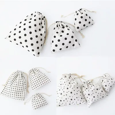 Recyclable Logo Printed Black Patch Cotton Portable Drawstring Closure Dust Proof Custom Reusable Foldable Makeup Bags