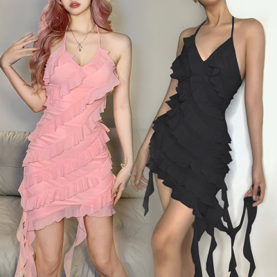 Products Women's Clothing Ladies Nightclub Dresses Solid Color Irregular Design Lace up Halterneck Slim Dress