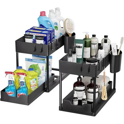Double Tier Plastic Carbon Steel Multifunctional Pull-Out Standing Cabinet Dish Rack Hooks Adjustable Bathroom Shelf Organizer
