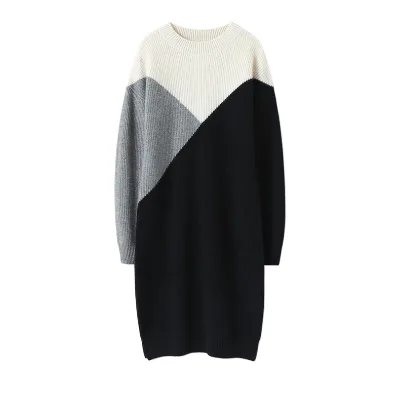 High Quality Women's Long Sleeve Color Match Round Neck Knitted Sweater Thick Warm Casual Knit Dresses