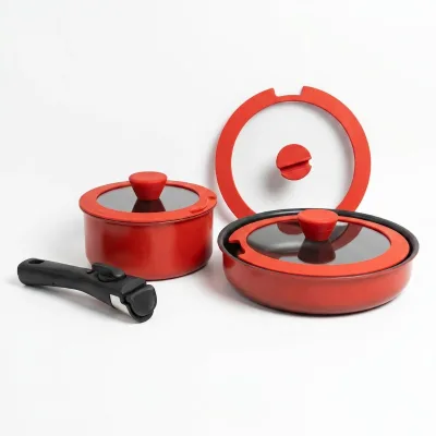 2-Piece Modern Red Ceramic Nonstick Cookware Set with Removable Handle Luxury Stackable Kitchen Pots and Pans for Home Cooking