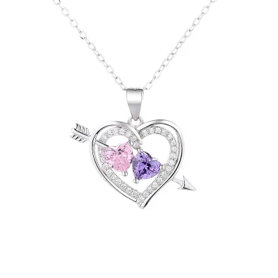 925 Sterling Silver Purple and Red Zirconia Heart Arrow Pendant Necklace for Women Valentine Day
