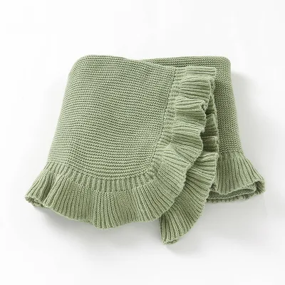 Knitted Baby Blanket With Ruffle Edge Cotton Baby Blanket Knit Soft Warm Toddler Newborn Nursery Blanket
