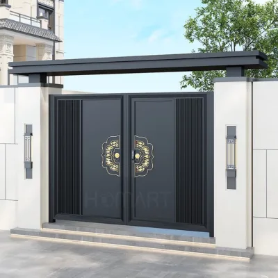 New Chinese Black Aluminum Double Swing Courtyard Gate Vertical Fluted Panel with Golden Lotus Floral Embossed Gate