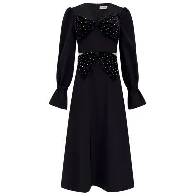 High Quality A-line Long Sleeved Women's Outfit Midi Dress Ankle-length Off Waist V-neck Evening Party Gown With Bow