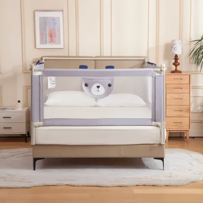Luxury Baby Safety Bed Rail 150cm/200cm Premium Wood Corner Joints 3D Bear Face Mesh Guard for Kids Co-Sleeping