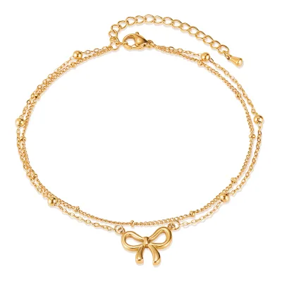 Fashion Niche Anklets for Women Stainless Steel Double Chains Bowknot Gold Plated Anklets Wholesale Simple Designs