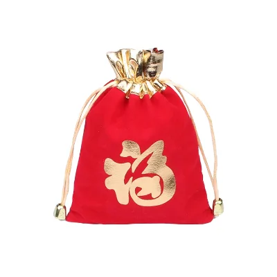 Low MOQ Custom Logo Recyclable Velvet Lucky Fortune Pouch Reusable Drawstring Bag for Bracelets Red Packet Candy Souvenir Gift