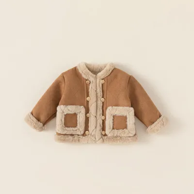 Hot Sale Children's Fur Leather Coat Kids Baby Fur Trim Plus Velvet Coat