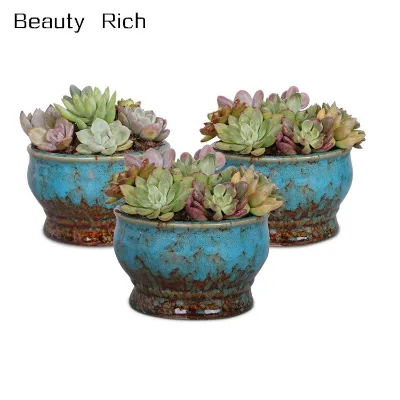 Colorful Succulent Planter Ceramic Glaze Blue Planter Flower Pots Indoor and Outdoor Set of 3